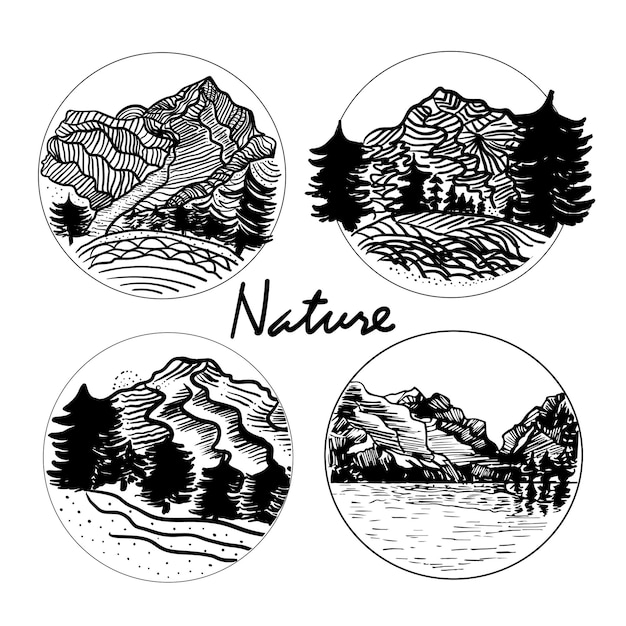 Set of nature landscapes circular compositions sketches