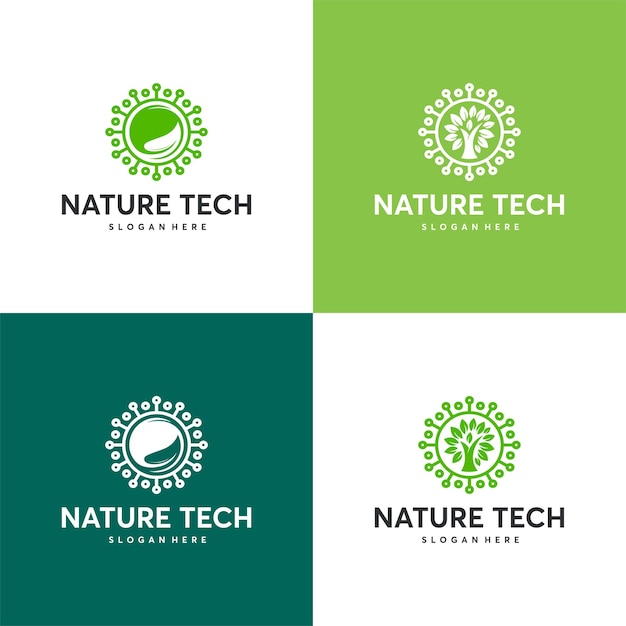 Set di modello logo nature tech, concetto di logo green technology, logo growth technology