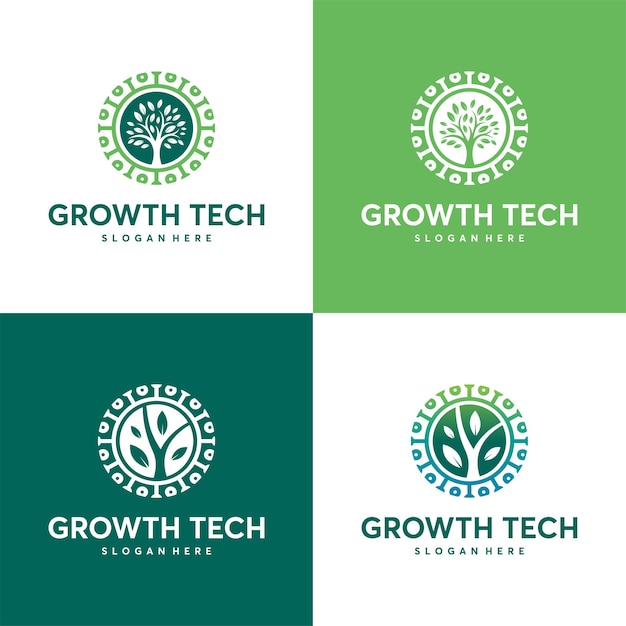 자연 기술 로고 템플릿, 녹색 기술 로고 개념, 성장 기술 로고 세트
