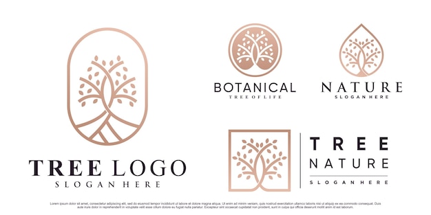 Набор векторных иллюстраций логотипа природы дерева с творческим элементом Premium векторы