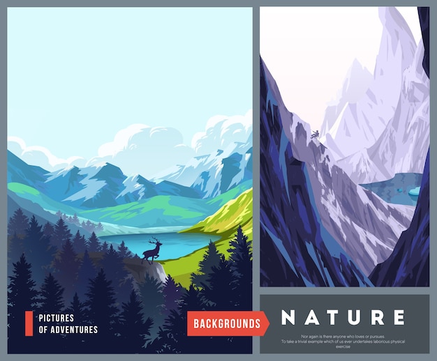 Set natuur landschapsillustraties met silhouetten van bergen en bomen. Vector illustratie