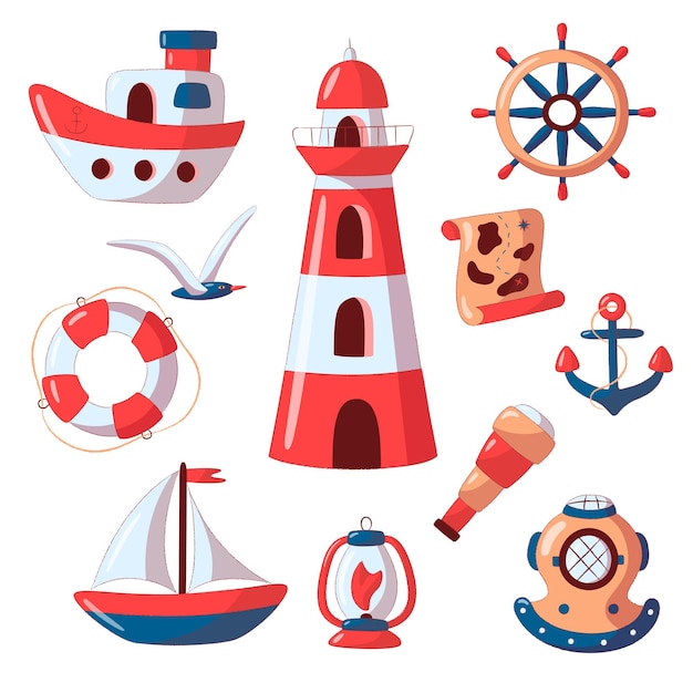 Set of nautical icons in a flat style Marine transport vector icons for web design isolated on white background