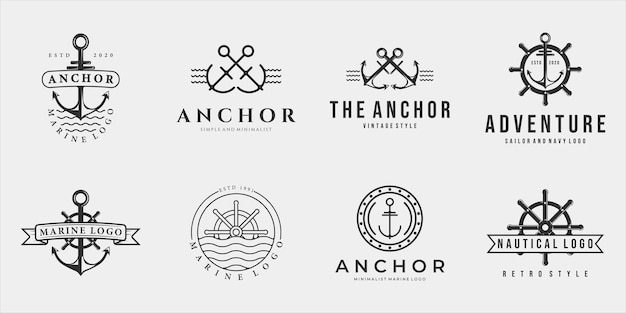 Set of nautical or marine logo vector illustration template icon design. bundle collection of various navy logo anchor ship steering wheel line art and vintage style badge and isolated logo