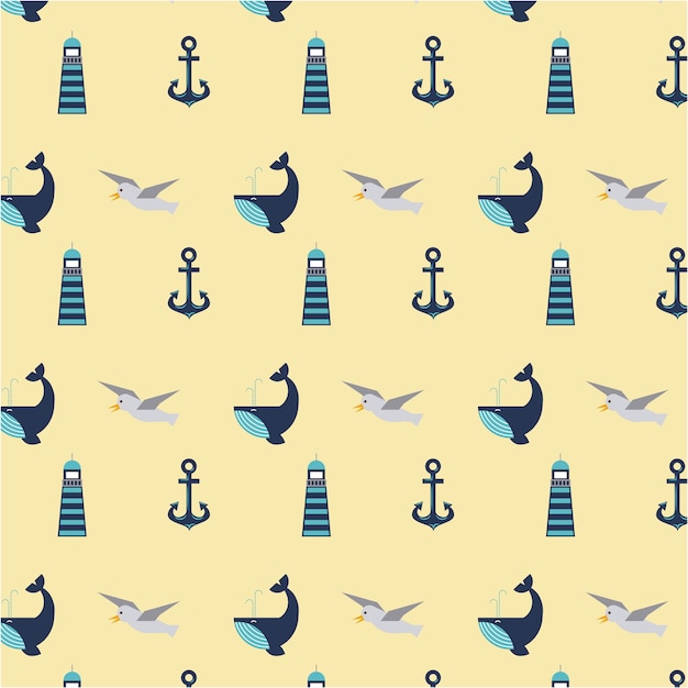 Set of nautical marine symbols seamless pattern icons