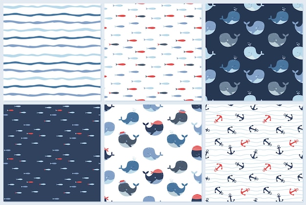 Set of nautical seamless patterns with anchors fish whales and waves Vector seamless background for children s textiles wallpapers etc