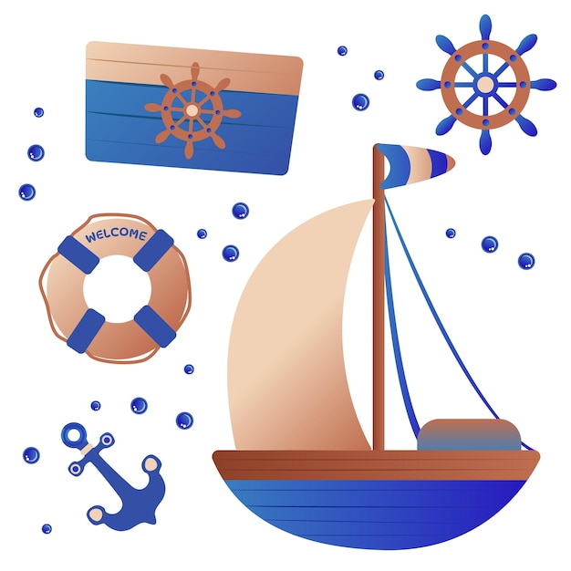 Set nautische elementen voor maritiem ontwerp, waaronder een reddingsboei op het stuurwiel van een jacht