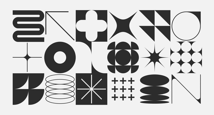 Vector set of neomodern geometric shapes brutalism futuristic memphis pattern background