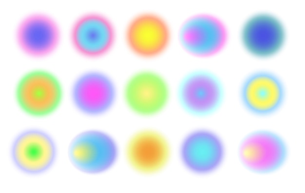 Vector set of neon bright blur circle vibrant holographic light multicolor radial gradient gradation shapes set palette