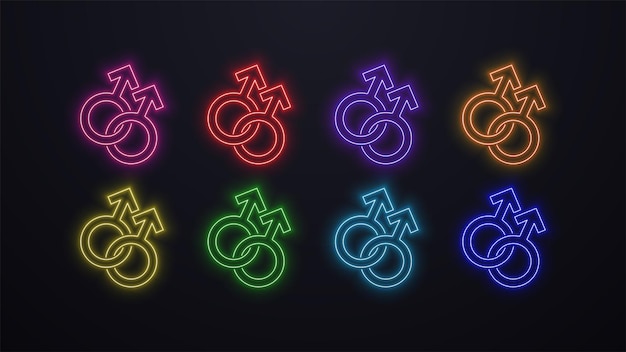 A set of neon bright glowing icons of the homosexual gender in different colors on a dark background