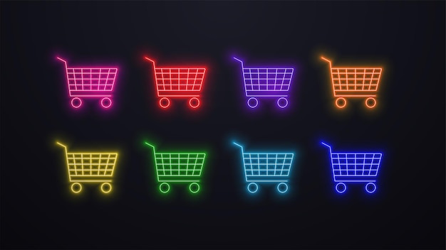 A set of neon bright glowing trolley icons for products in different colors green red blue purple orange yellow on a black background