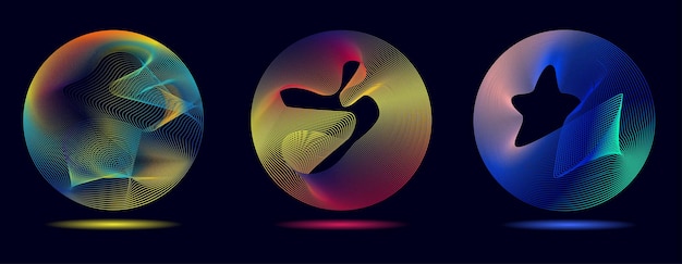 Set di sfere concettuali di cerchi al neon dalla linea di diverse forme e colori dal design futuristico per