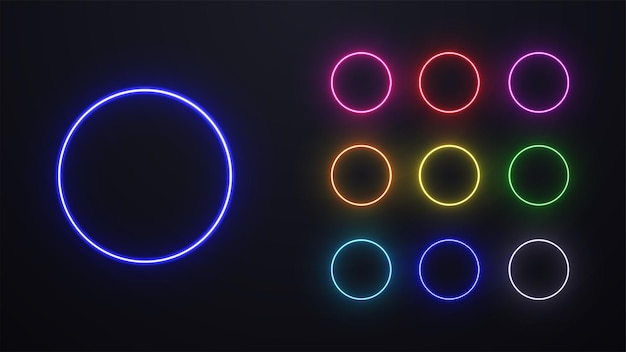 A set of neon colored bright circles on a dark background Nine shiny rounded patterns