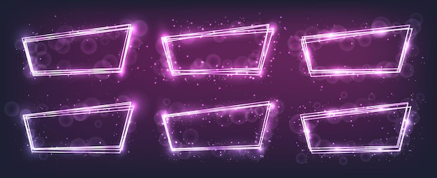 Set of neon frames with shining effects and sparkles on dark background Empty glowing techno backdrop Vector illustration