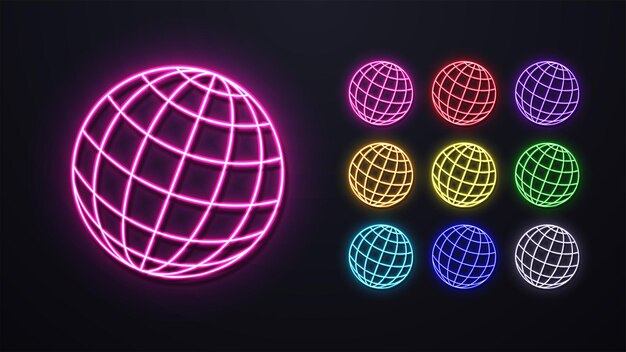 A set of neon globes icons Logo of the planet earth in different colors