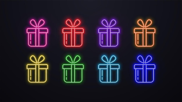 A set of neon glowing gift icons in different colors blue green yellow red orange purple and pink on a dark background