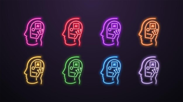 어두운 배경에 다른 색상의 로 ⁇ 이 있는 네온 헤드 아이콘 세트 인공지능의 개념