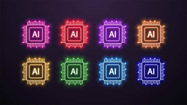 파란색 녹색 주황색 노란색 빨간색 보라색과 분홍색의 AI 칩 네온 아이콘 세트