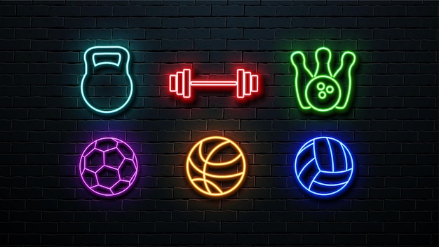 A set of neon icons a football ball a volleyball ball a basketball ball a kettlebell dumbbells and bowling pins with a bowling ball on a wall background