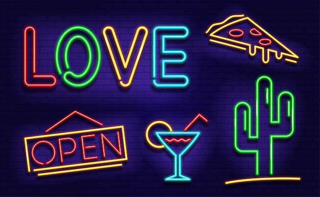 Set of neon icons. neon images for casinos, bars, cafes.