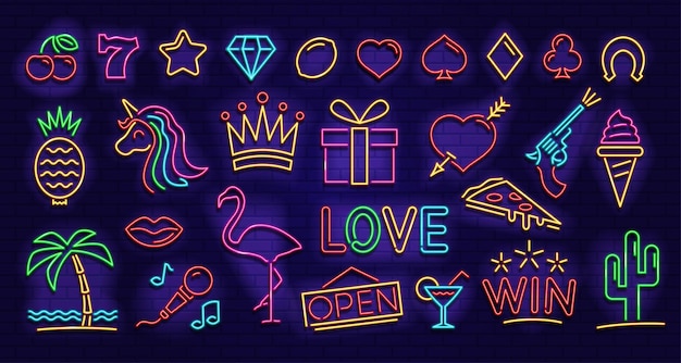 Vector set of neon icons. neon images for casinos, bars, cafes.
