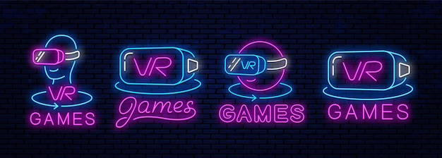 Vector set of neon icons of virtual reality