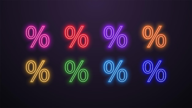 A set of neon percentage icons in different colors on a dark background