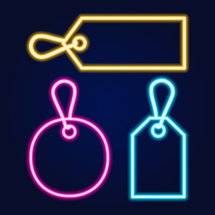 Vector set of neon price tags with different colors and forms