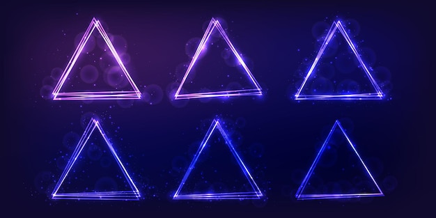 Set of neon triangular frames with shining effects and sparkles on dark background empty glowing techno backdrop vector illustration