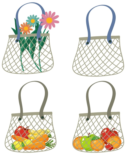 Set of net bags with flowers and fruits