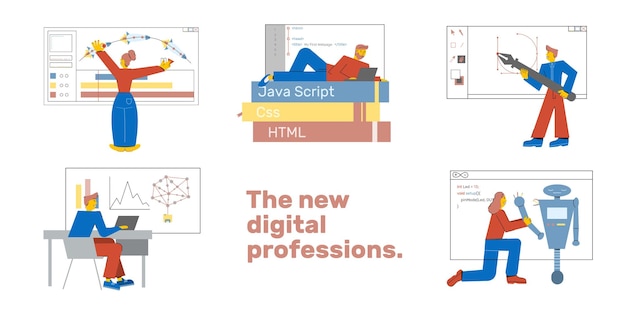 Premium Vector | Set of the new digital it professions. coding, animation, design, web, big data, robotics courses Premium Vector | Set of the new digital it professions. coding, animation, design, web, big data, robotics courses