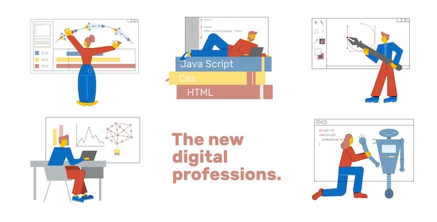 Set of the new digital it professions. Coding, animation, design, web, big data, robotics courses