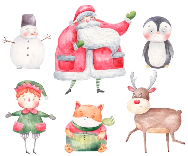 set of new year and christmas characters, santa claus, deer, gnome, santa claus helper, penguin, snowman, fox, watercolor illustration.