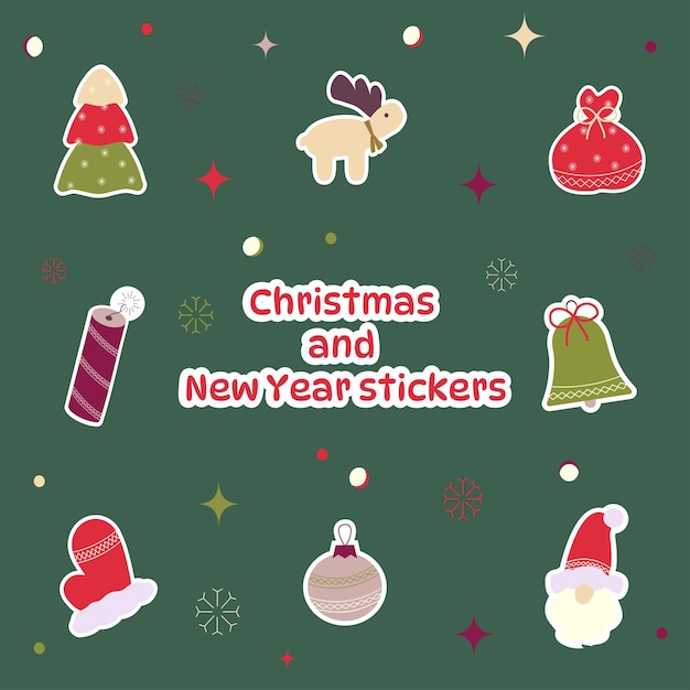 set of New Year and Christmas doodle stickers