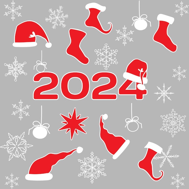 Set of new year and christmas elements with santas hat socks for gifts and a christmas star