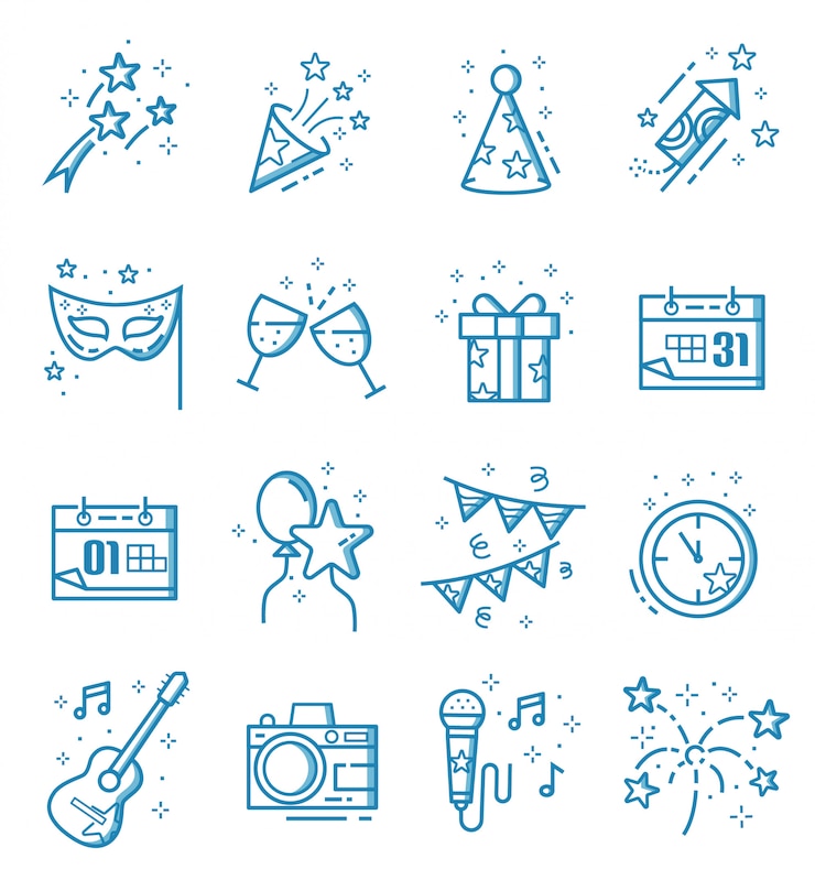 Vector set of new year icons with outline style