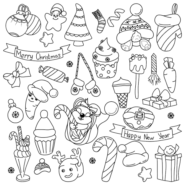 A set of New Year's doodles Christmas balls carrots Christmas cupcakes Print for decorating invitations and posters