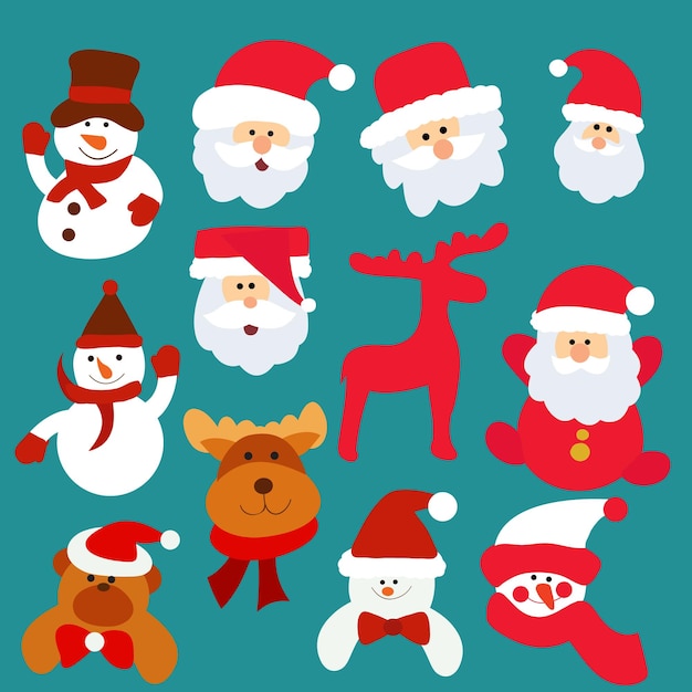 Set of new years characters santa claus snowman deer