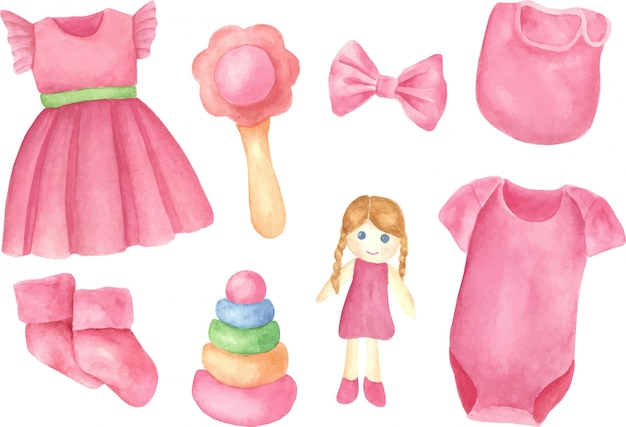 Un insieme di elementi della ragazza appena nata, oggetto isolato su sfondo bianco. illustrazione disegnata a mano dell'acquerello dei vestiti e dei giocattoli del bambino.