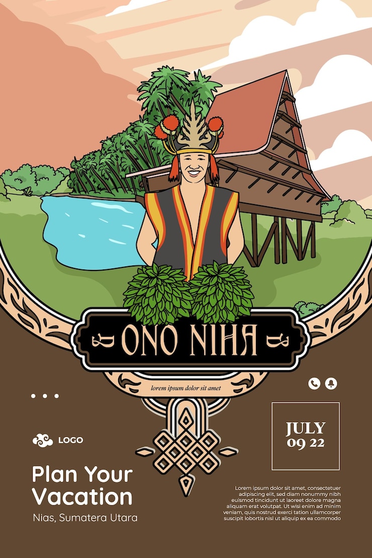 Vector set nias sumatera utara illustration hand drawn indonesian cultures background
