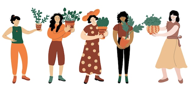 Set of nice women with houseplants hand drawn flat illustrations