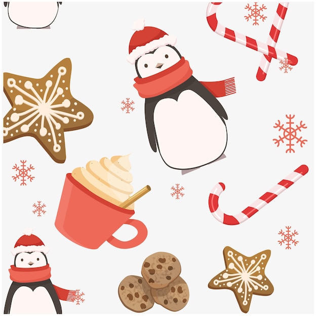 Set nieuwjaarselementen voor ontwerp Cacao-peperkoeksnoepjes en een schattige pinguïn