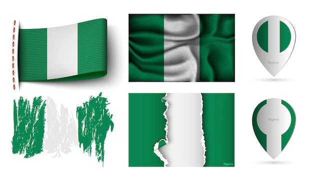 Set of nigeria flags collection isolated on white. 