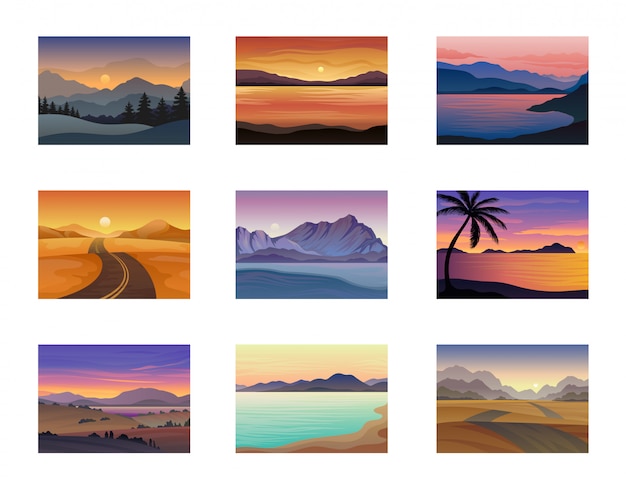 Set of night and evening landscapes at sunset.  