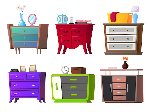 A set of nightstands of different shapes and colors in a flat style Isolated on a white background Cartoon style furniture