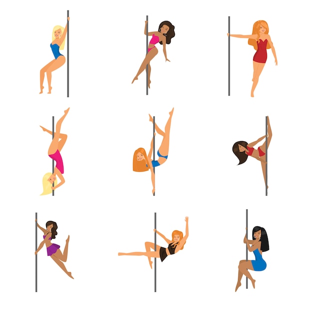 Vector set of nine attractive pole dancers  on white background