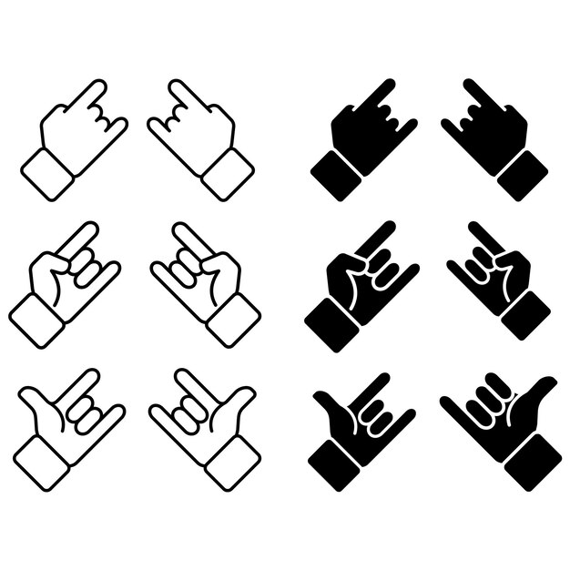 A set of nine black and white icons of hands with fingers