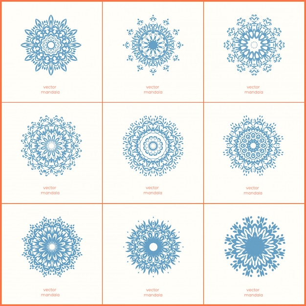 Set of nine blue color oriental flower mandala