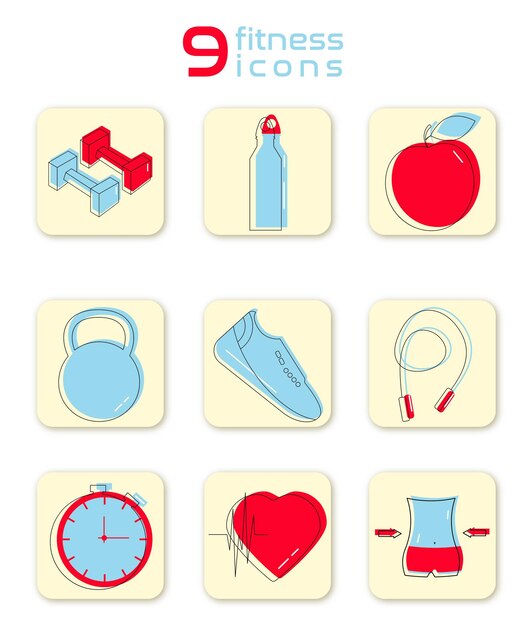 The set of nine blue and red flat simple fitness icons on the yellow background