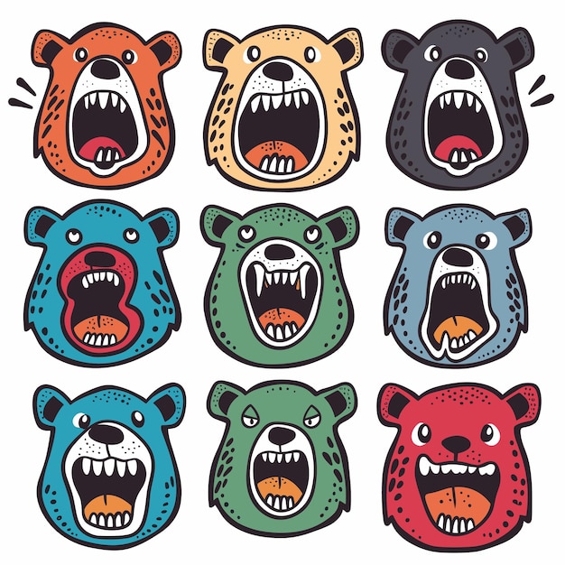 色々な表情を表す9つのアニメのクマの顔をセットします 色とりどりの動物のエモティコンが怒っています