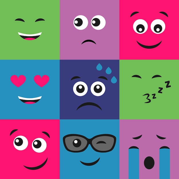 Set of nine colorful emoticons. emoji icon in square. flat background pattern. vector illustration